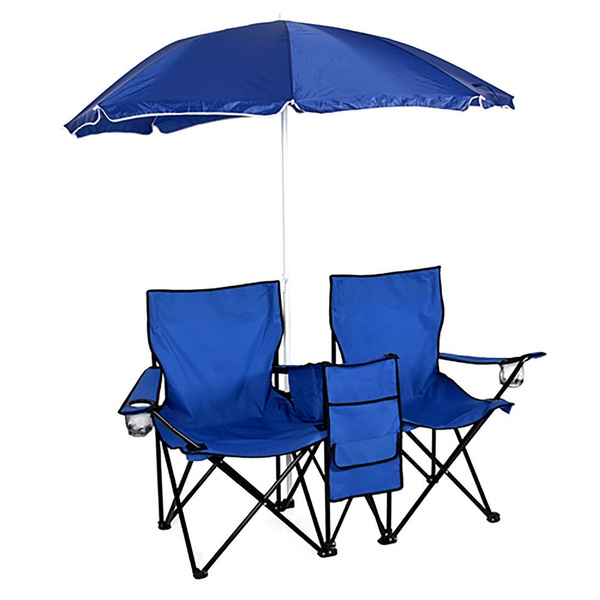Double Portable Folding Picnic Chair Umbrella Table Cooler Camping Chair Blue-image-863184372