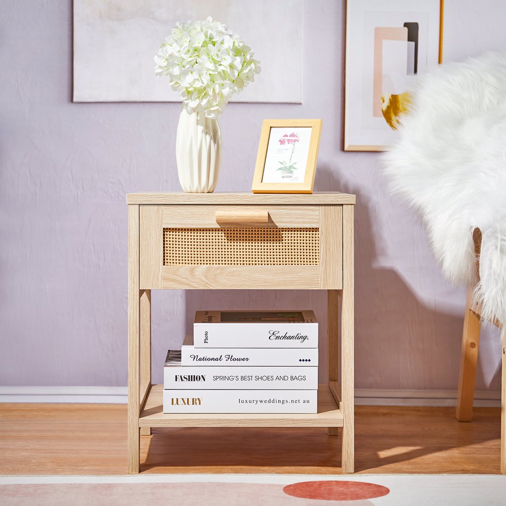 

Nightstand with 1 Rattan Drawer Boho End Table Bedside Table with Storage for Bedroom Living Room Natural Wood Color