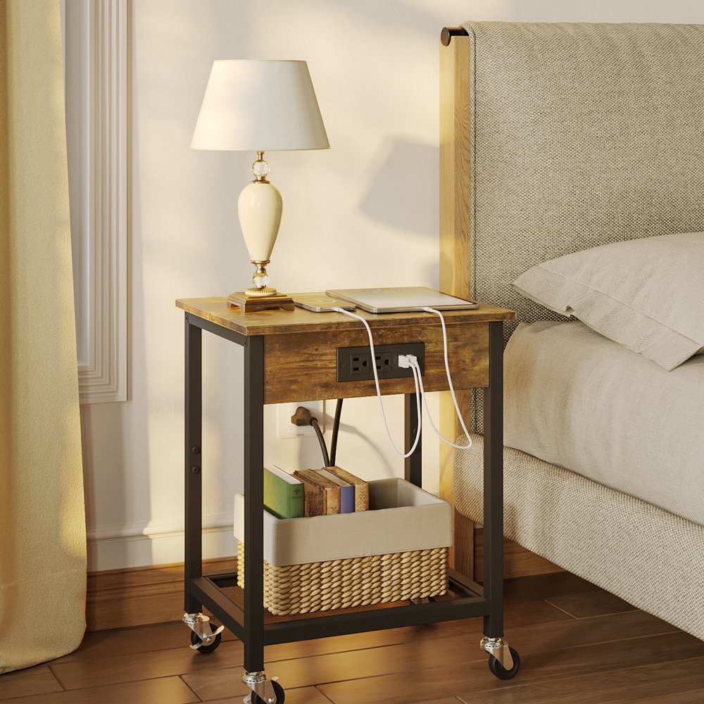 

End Table with Charging Station USB Ports 2 Set, Side Table with Wheels Storage Shelf Nightstand for Living Room Bedroom