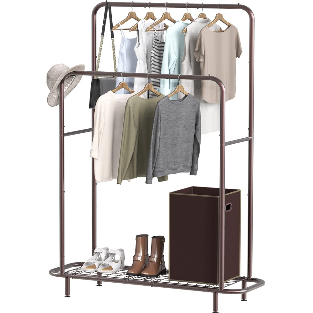 

Houseware Double Rod Clothing Garment Rack with Bottom Shelves, Bronze