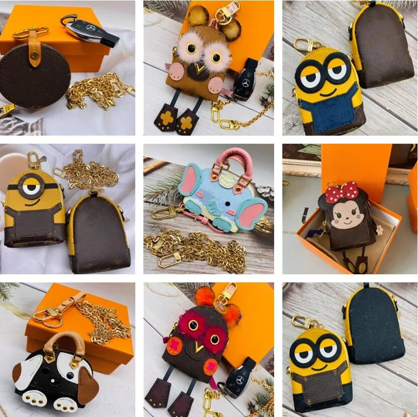 

Classic Luxury Mink Fur Owl Keychain Famous Brand Mini Backpack Keychains Flower Headphone Bag Decoration Accessories Coin Purse, 1#