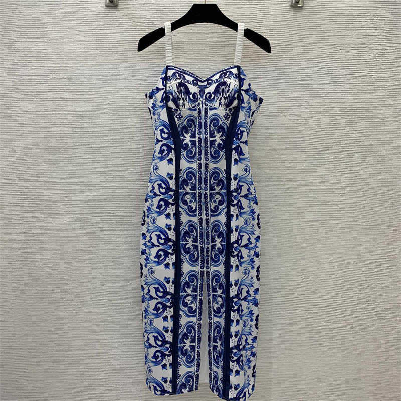 Robe de créateur en porcelaine bleue et blanche Série méditerranéenne Sexy Hot Girl devant la conception ouverte Slim Hip Halter Robes Vêtements