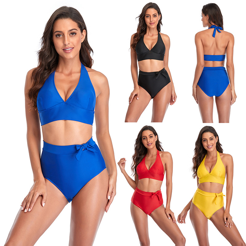 

High Quality Solid Color Women's Swimming Suit Europe and American Style Halter Sexy Bra High-waist Briefs Split Two-Pieces Bikinis Set for 2023 Summer Beach, Black