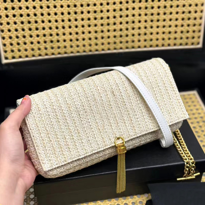 

summer weave Straw kate tassel Raffias Bag 10a Women's men tote beach crossbody baguette white bag Luxury Designer sunset handbag Shoulder envelope Bags, Black