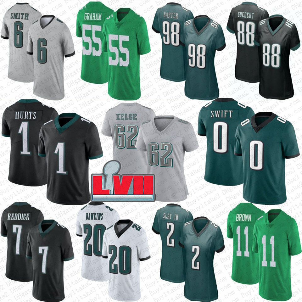 

Custom NFLL Jerseys 0 DAndre Swift Jalen Hurts Football Jersey AJ Brown DeVonta Smith Brian Dawkins Jason Kelce Haason Reddick Nolan Smith Jalen Carter Michael Vick G, Mens