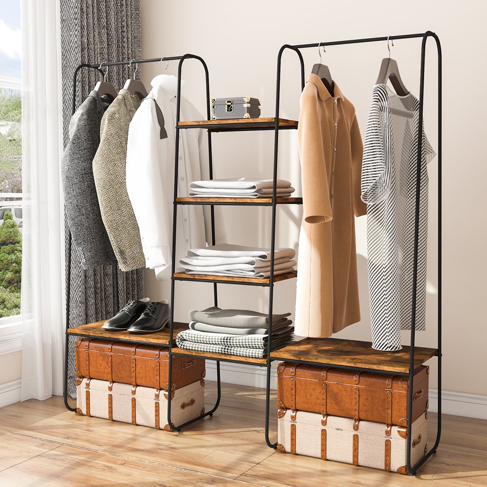 

Metal Clothes Rack with Wood Shelves Heavy Duty Garment Rack for Clothing Storage 5 Tiers Freestanding Wardrobe Closet Organizer, 60 Lx 59 H