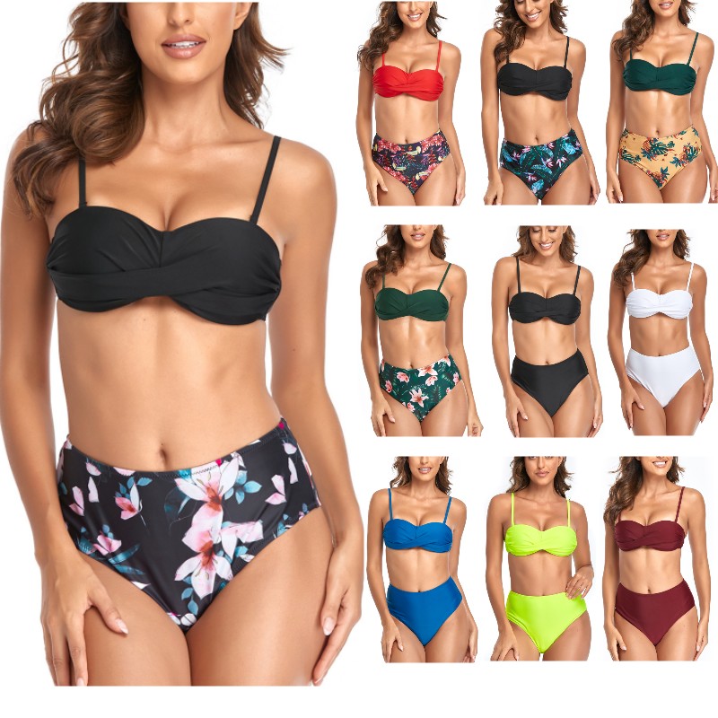 

High Quality Two-Pieces Swimming Suits For Women Europe and American Style Sexy High-Waist Briefs Floral Printted Bikinis Set For Girls Solid Color Monokinis Suits, Blue