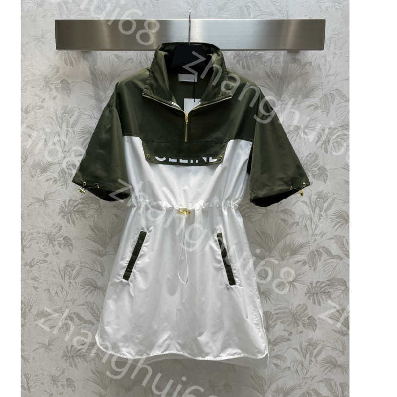 

23ss women dress womens designer clothing summer dresses Splicing printed stand-up collar half zipper drawstring waist short sleeve dress womens clothing a1, 23
