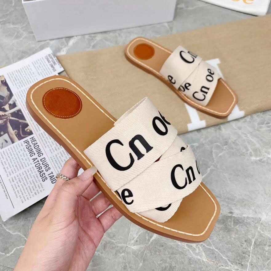 

Women's Sandals Designer Woody Mules Flat Slippers Light Tan Beige White Black Pink Lace Lettering Fabric Canvas Slippers Women Summer Outdoor Shoes, 20