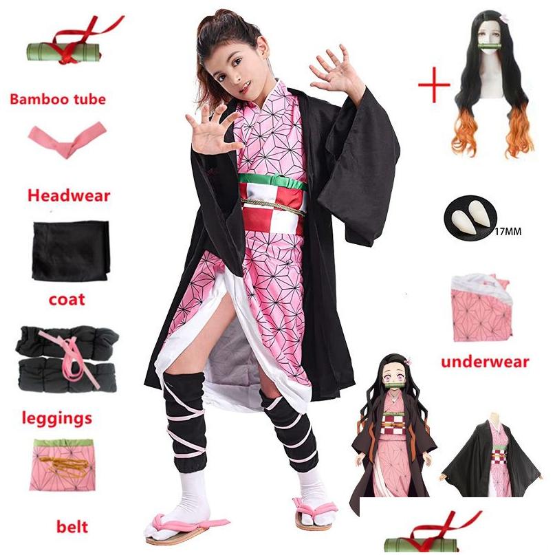 cartoon clothing anime kamado nezuko cosplay costume demon slayer cosplay uniform clothes kimono wig props set halloween costume for kids adult