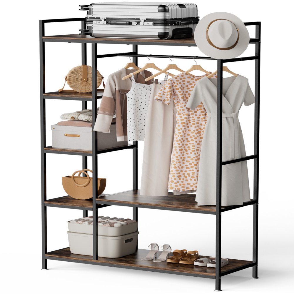 

Garment Rack with Shelves Clothing Rack for Hanging Clothes 5-Tier Wardrobe Closet Wooden Shelves for Bedroom Living Room Office ,Rustic Bro