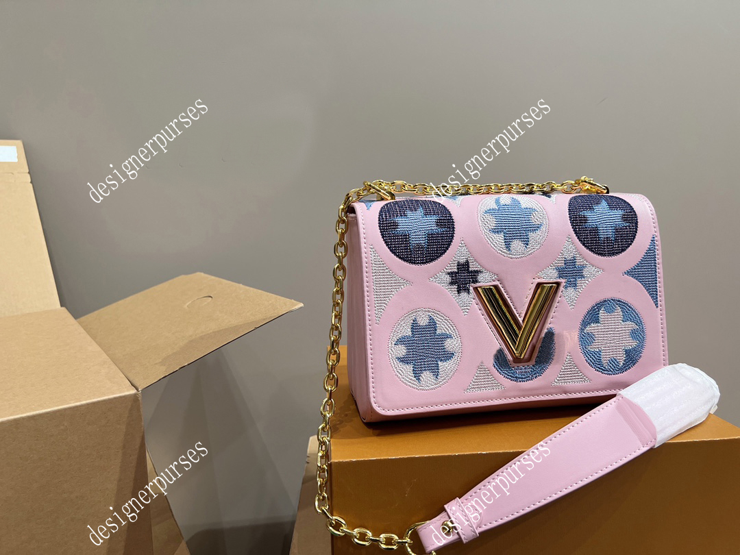 

TZ TWIST MM embroidered handbags Designer Women Shoulder Bags Classic V Lock Flap Chain Handbag Twists Woman Crossbody Bag Lady Pochette Tote small square Handbag, White