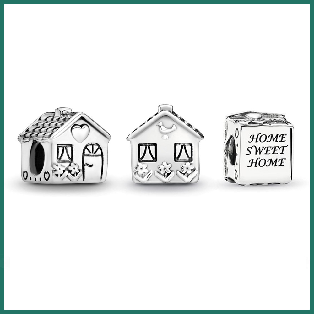 

925 Silver Fit Pandora Charm Cute Little House with Three-dimensional Beaded DIY Family Retro Bead Dangle Fashion Charms Set Pendant DIY Fine Beads Jewelry
