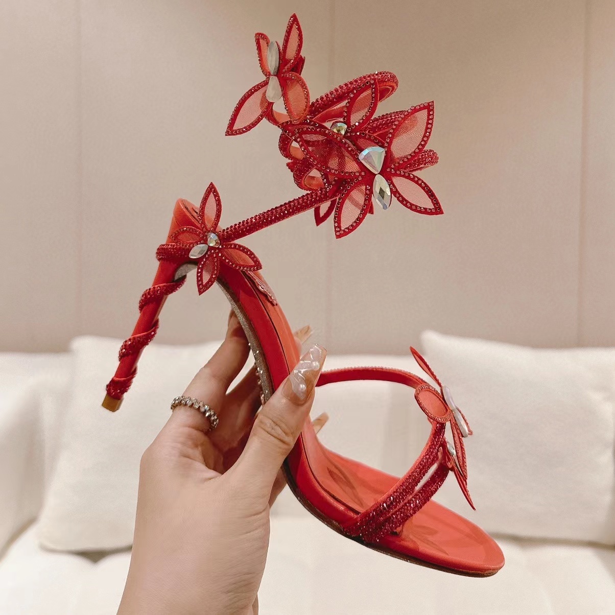 

Rene Caovilla flower butterfly crystal decorative high sandals stiletto women evening dress shoes 9.5cm Serpentine Wraparound luxury designer women's high heels, 36#