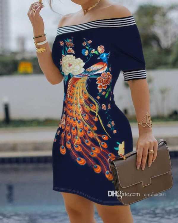 

Summer Dresses Trending Casual Dress Sexy One Shoulder Digital Printed Slim Pencil Skirt Plus Size 3xl Womens Clothing, Navy blue