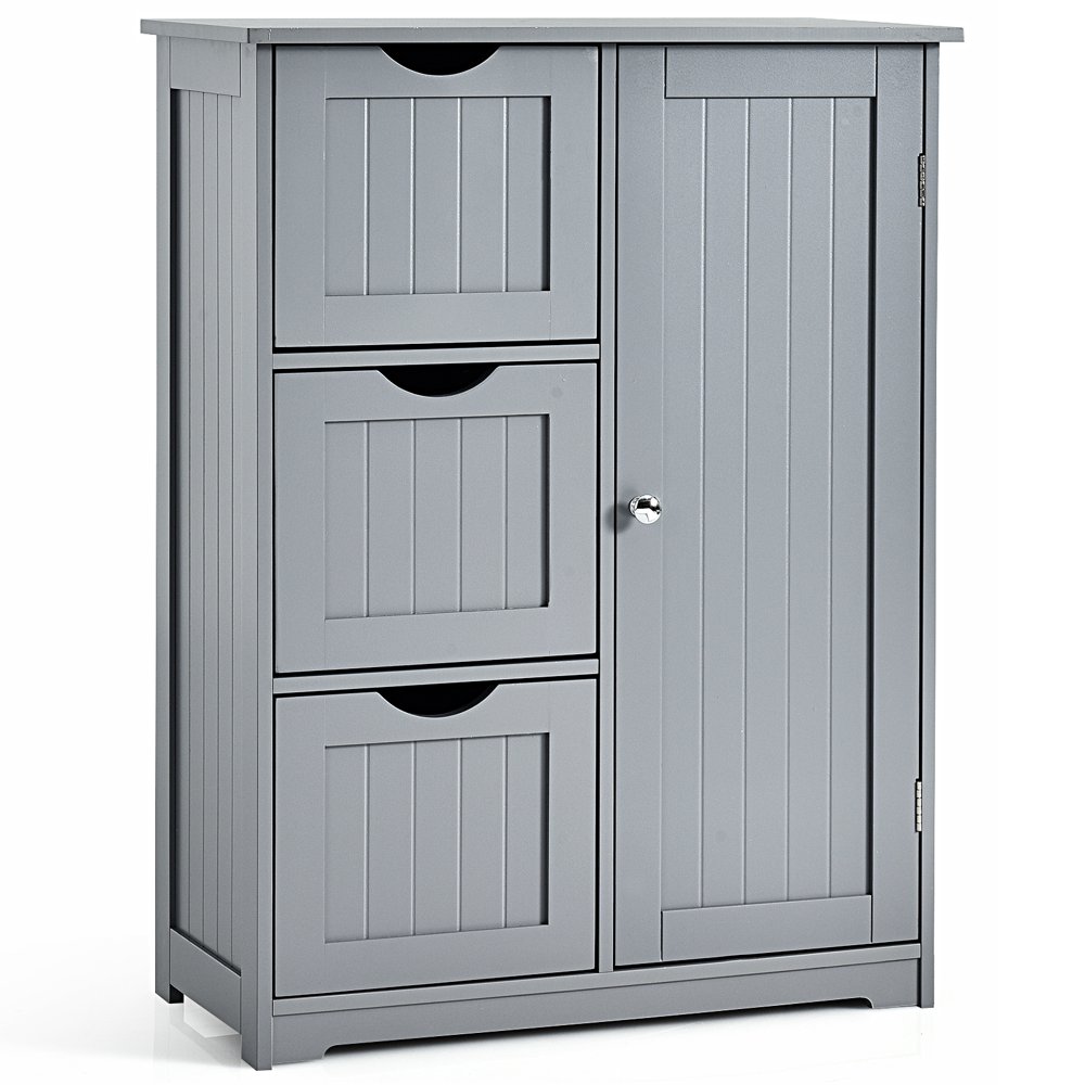 

Bathroom Floor Cabinet Side Storage Cabinet with 3 Drawers and 1 Cupboard Grey