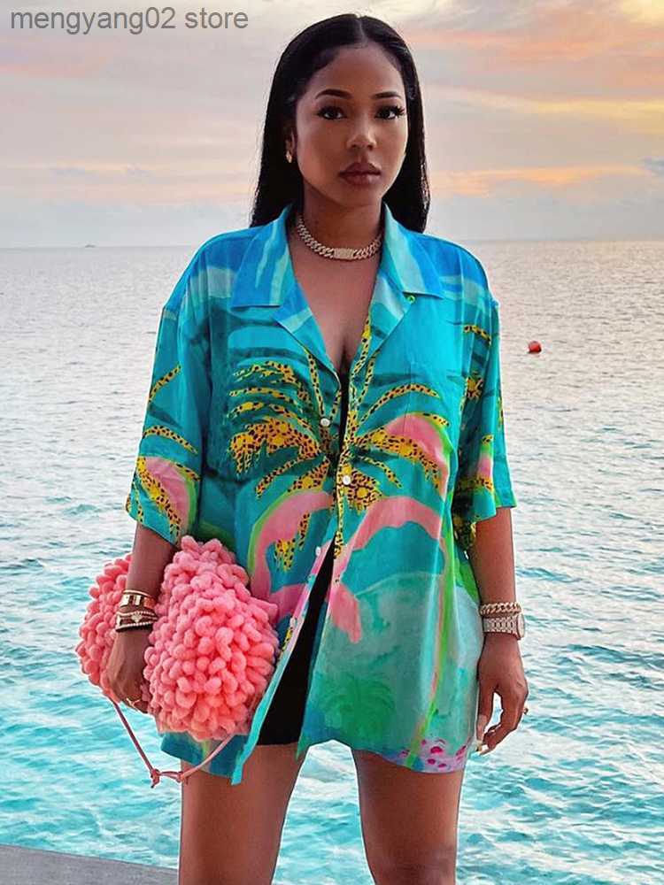 Women's Blouses Shirts Sifreyr Colorful Printed Loose Casual Shirt Women Buttons Turn-down Collar Short Sleeve Tops Blouse Summer Beach Styl-image-864060982