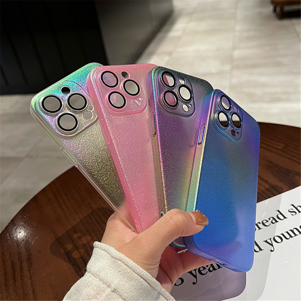 

Luxury Laser Scrub Gradient Clear Phone Case For iPhone 14 12 13 Pro Max With Lens Glass Rainbow Acrylic Shockproof Back Cover