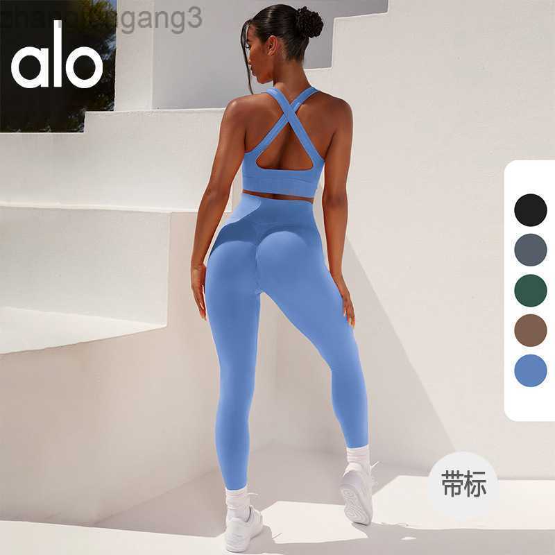 

Desginer Alo Yoga Tops 2023 Spring New Sports Tank Top High Waist Hip Lift Running Fitness Pants Suit Set for Women, Strap bra pants set - black