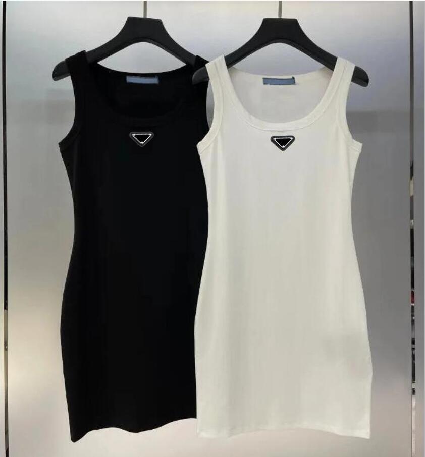 

P-ra Logo Women Fashion Dress Designer Brands Casual Dresses Womens Tops Tank Dress Knitted Cotton U Neck Sleeveless Elasticity Bodycon Mini Skirt Solid Sexy Dresses, Black short tank top