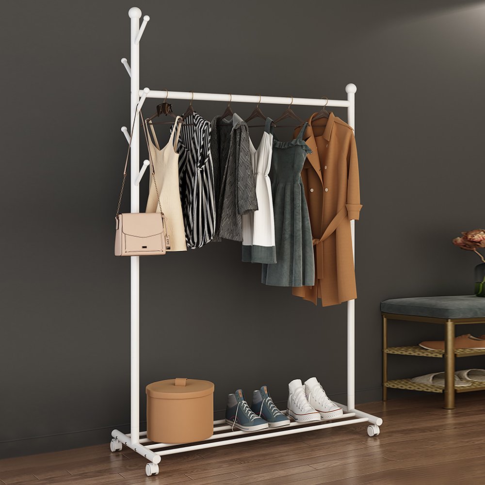 

Stand Coat Hanger with Hook and Wheel Portable Clothing Hanging Garment Rack for Home White