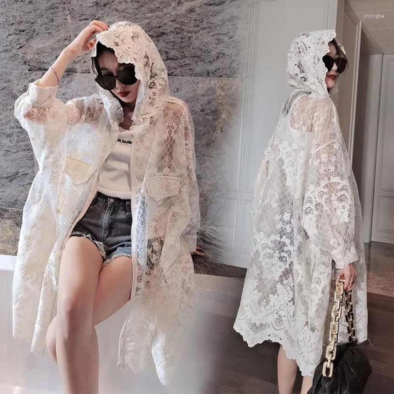 

Women's Jackets Chic Design Perspective Lace Trench Summer Floral Embroidery Long Hoodies Coat Mesh Patchwork Holiday Sunscreen, White