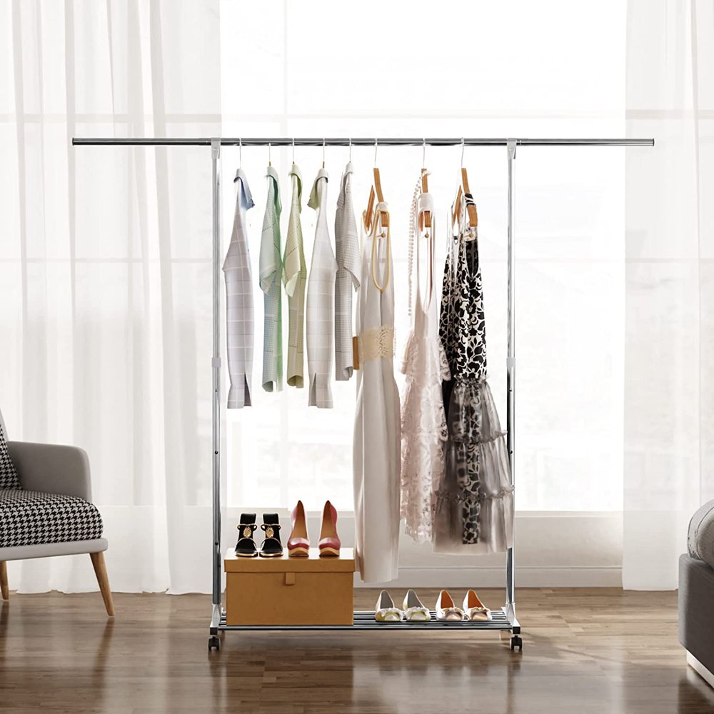 

Clothes Rack Garment Rack, with Movable Caster, Bottom Shelves Adjustable Silver
