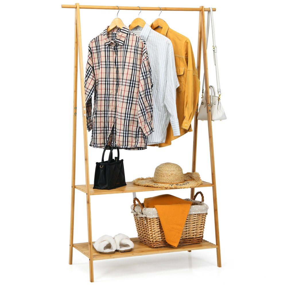 

Bamboo Garment Rack Clothes Hanging Rack w 2-Tier Storage Shelf Entryway Bedroom