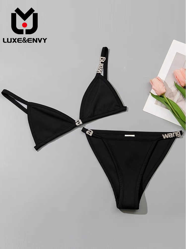 

Women's Swimwear LUXE ENVY Wang 2023 Spring And Summer New Crystal Letter Decorative Bikini Rimless Underwear Swimsuit Set J230506, Black4