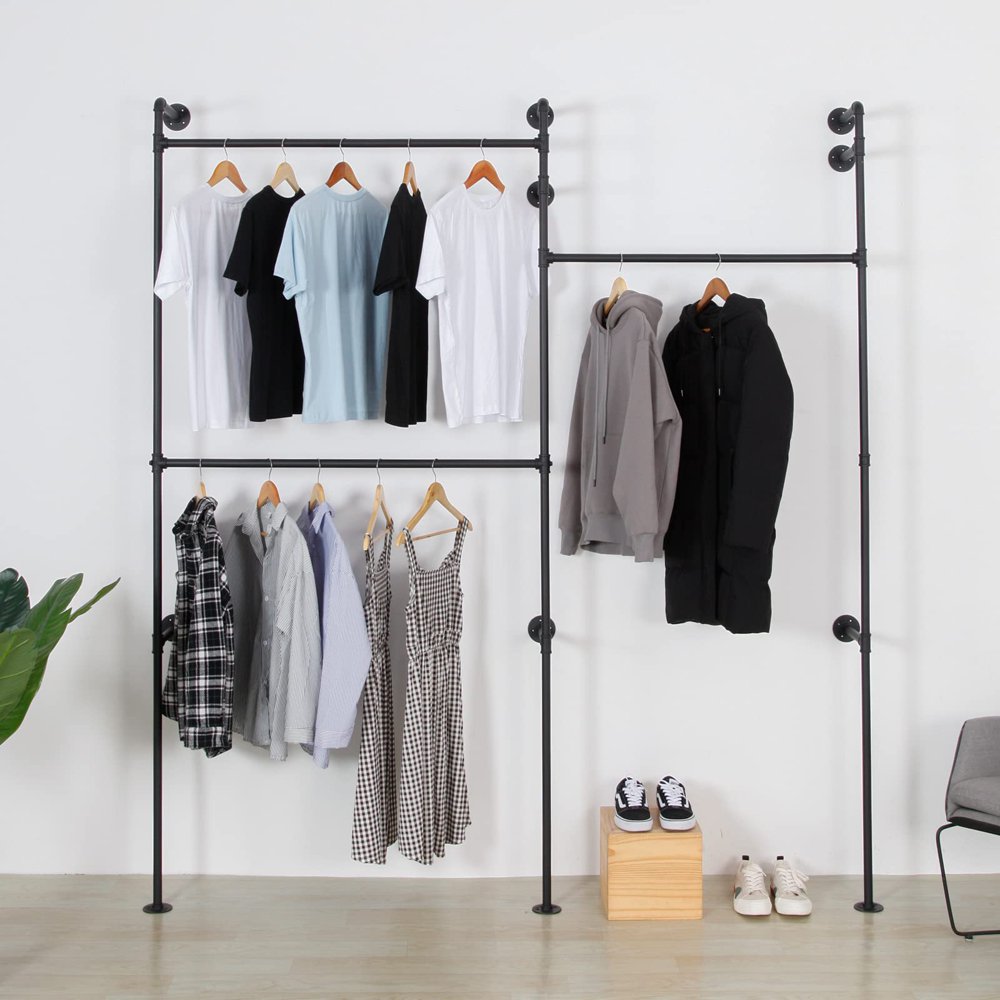 

Furniture Wall Mounted Industrial Pipe Clothing Rack Garment Rack Pipeline Vintage Rolling Rack On Wall, Heavy Duty Rustic Gold Metal Garmen