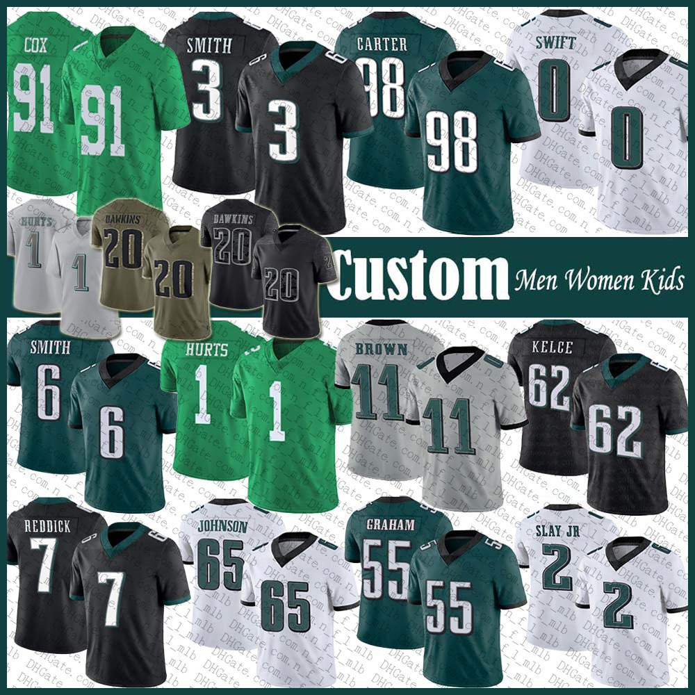

Custom Jalen Hurts Jason Kelce Football Jersey AJ Brown Jalen Carter Nolan DeVonta Smith Brandon Graham Haason Reddick Lane Johnson DAndre Swift Tyler Steen Goedert, Shown