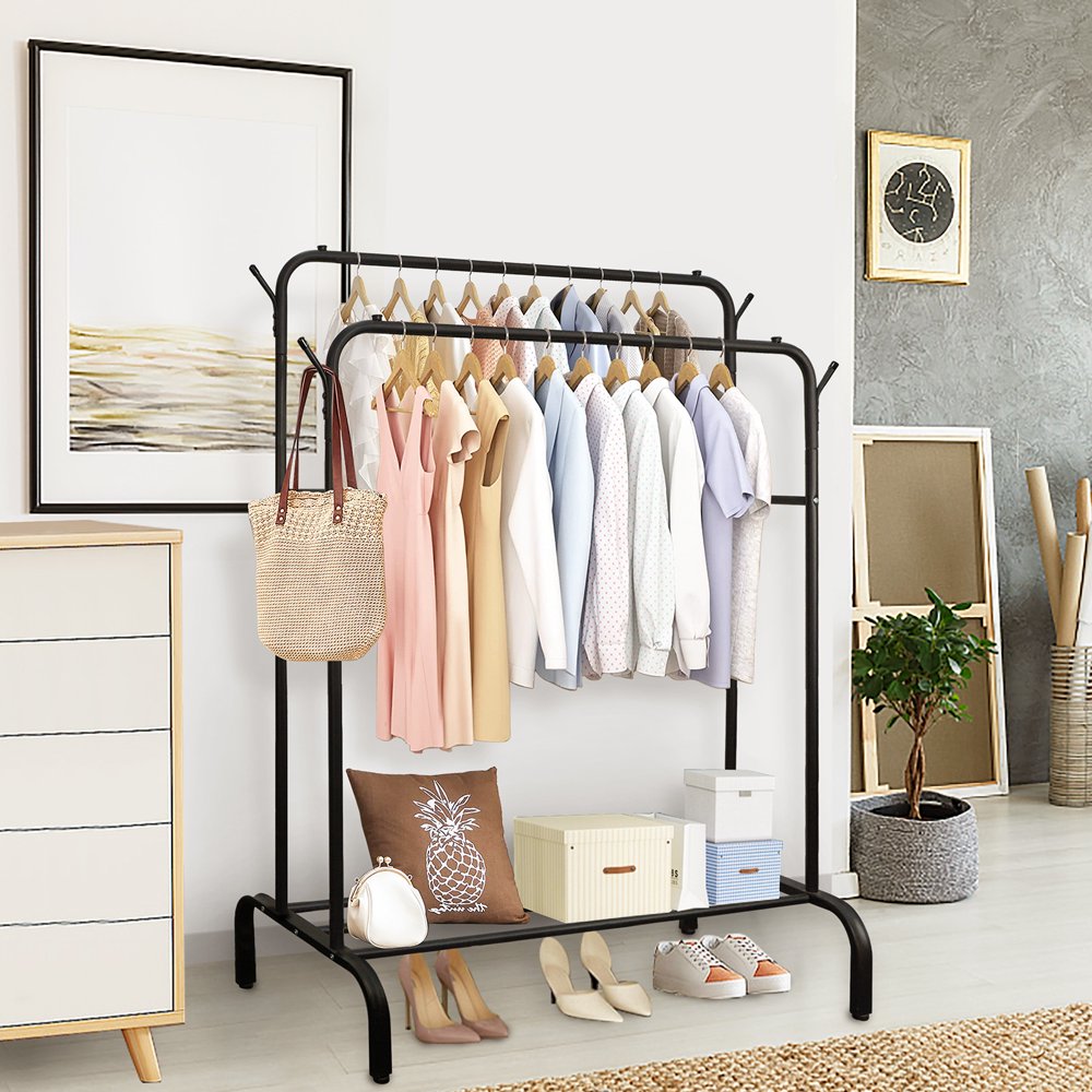 

Clothing Garment Racks with Tree Branch Hook and Shoes Shelves, Free Standing Clothes Hanging Rack Heavy Duty Clothes Drying Rail Free Stand