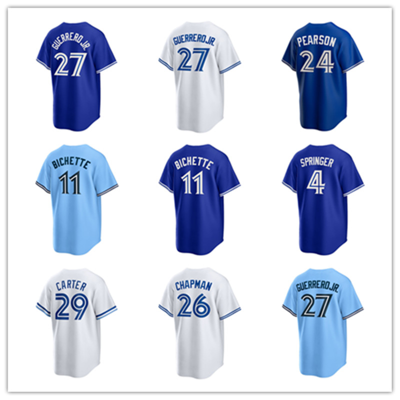 

Toronto Custom Blue Jays Jersey 4 George Springer 27 Vladimir Guerrero Jr. 11 Bo Bichette 26 Matt Chapman 29 Joe Carter 8 Cavan Biggio 24 Nate Pearson Baseball Jerseys, Color