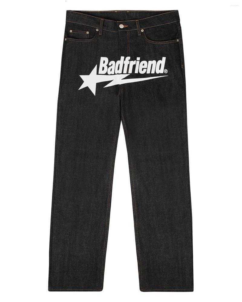 

Men's Jeans Y2k Hip Hop Badfriend Letter Printing Baggy Black Pants 2023 Harajuku Fashion Punk Rock Wide Foot Trousers Streetwear