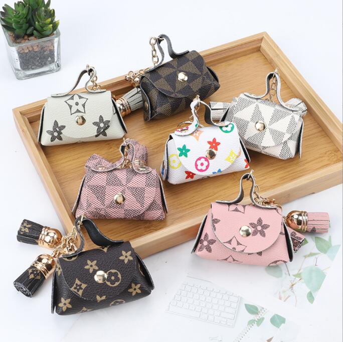 Leather Key Chains Rings Jewelry Brown Flower Plaid Tassel Coin Purse Keyrings Pendant Fashion Mini Storage Bag Charm Keychains Accessories 7 col-image-1106257748
