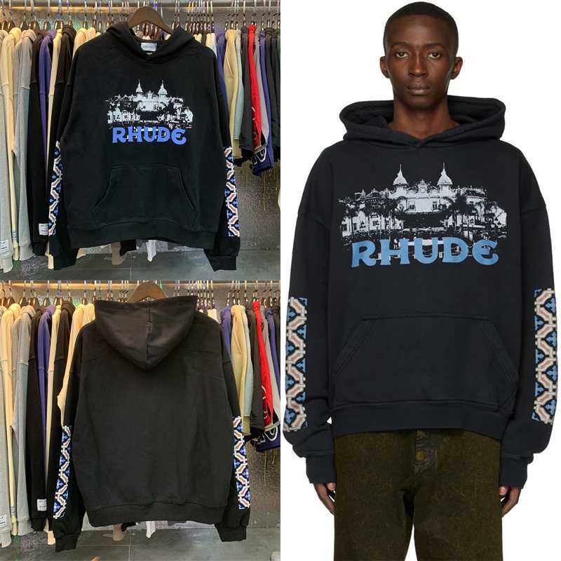 

Men' Hoodies Sweatshirts Blue RHUDE Castle Print Black Cotton Terry Men Women RHUDE Hoodie Sweatshirts Oversized Hooded Pullover