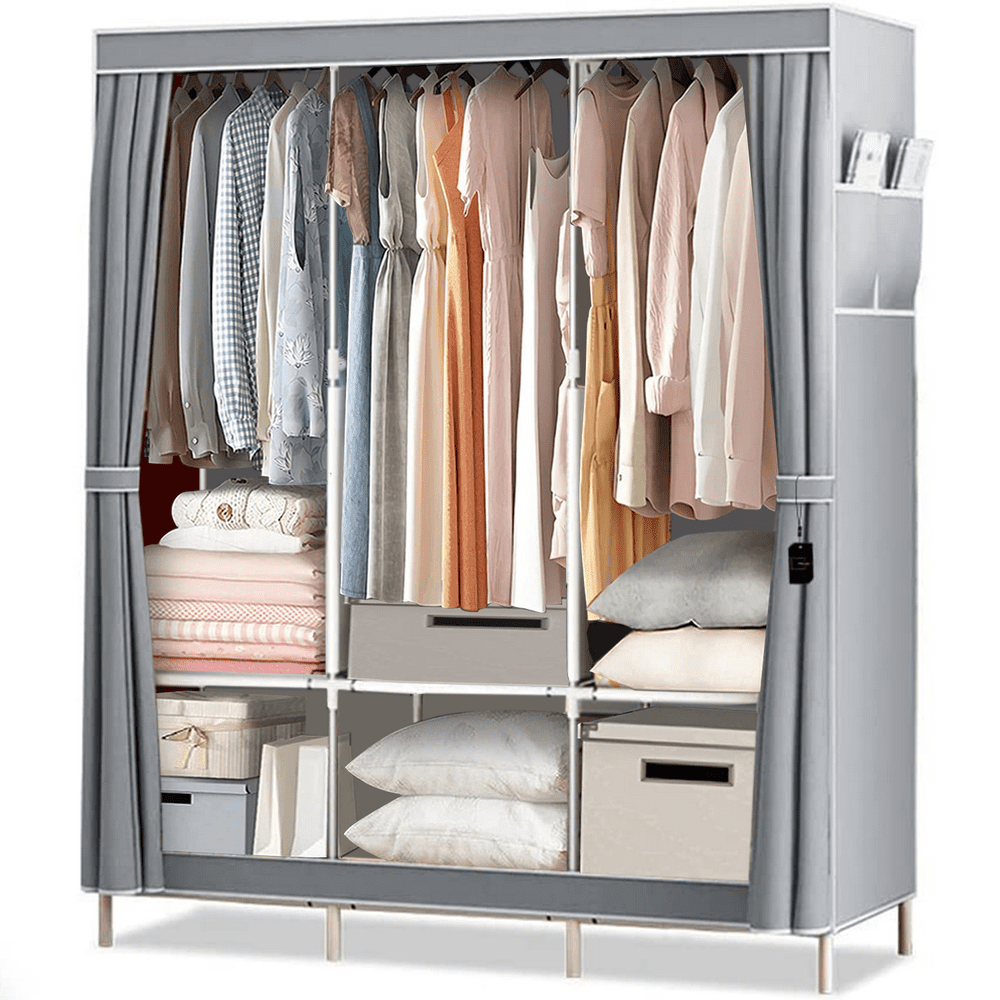 

Portable Closet Storage Organizer, Clothes Rack with Dustproof Non-woven Fabric Cover, Wardrobe Clothes Closet Storage for Bedroom, Gray