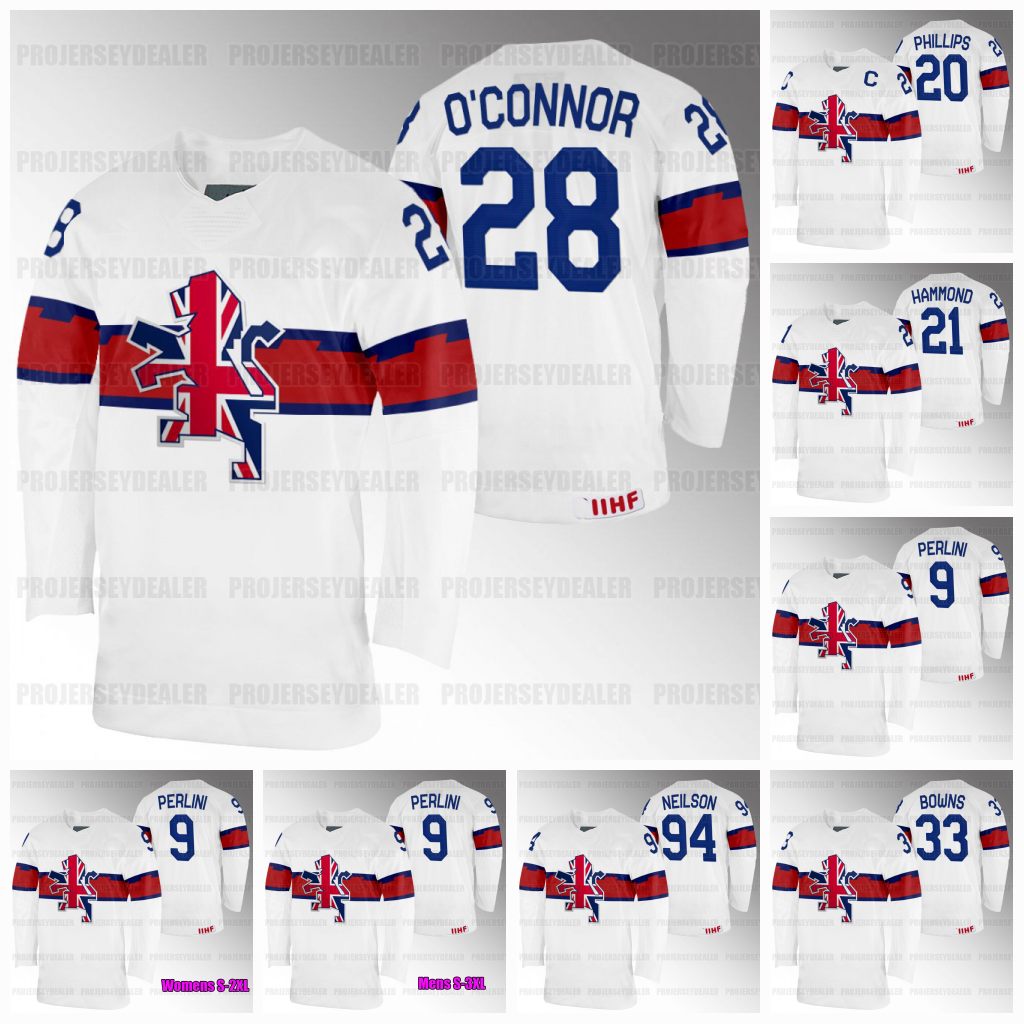 

Britain 2024 Ice Hockey World Championship Hockey Jerseys 9 Brett Perlini 20 Jonathan Phillips 21 Mike Hammond 28 Ben O'Connor 33 Ben Bowns 94 Cade Neilson, White mens s-3xl