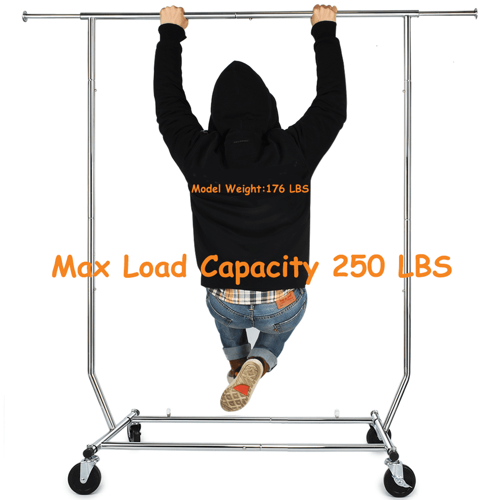 

250 lbs Heavy Duty Clothing Garment Rack Commercial Rolling Clothes Rack on Wheels Adjustable Collapsible, Chrome Finish