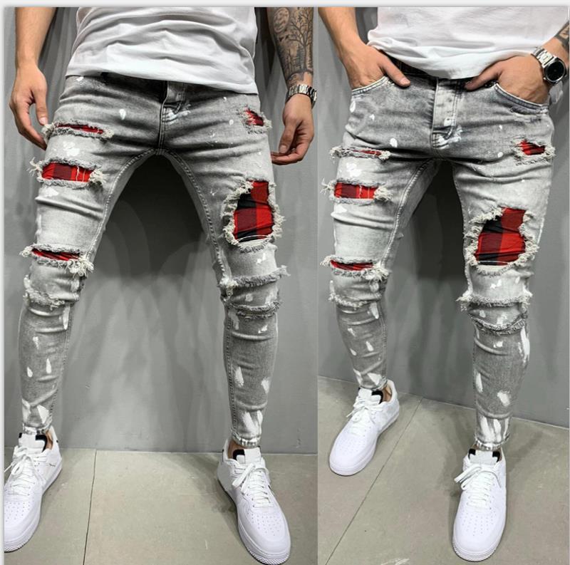 

Men's Jeans European American Street Fashion Men Retro Light Gray Blue Slim Fit Ripped Patchwork Designer Casual Denim Pants
