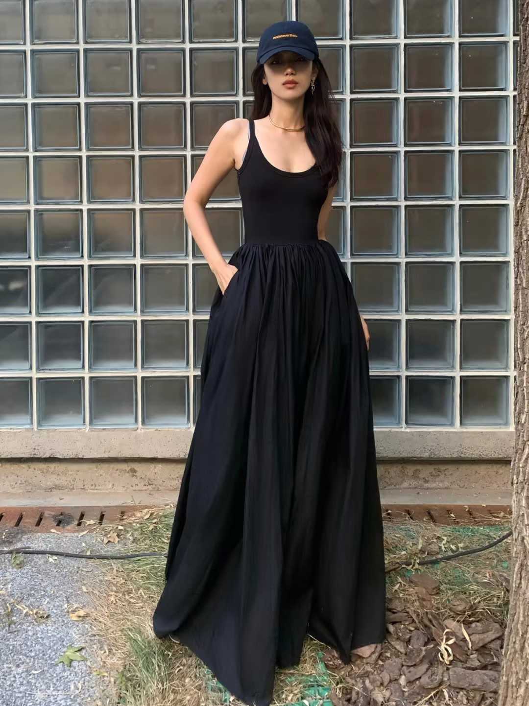 Casual Dresses Spring Sleeveless Dress Women's Premium Comfort Slim Medium Length Dress Harajuku Black Pleated Party Dress L260527-image-863428406