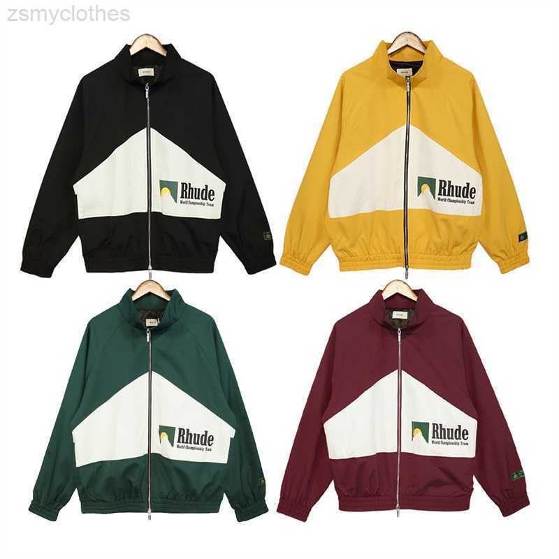 Men's Jackets RHUDE Jackets for Men Vintage RHUDE Hign Street Baseball Jacket Retro Patchwork Zipper Printed Short Jacket +Casual Shorts
