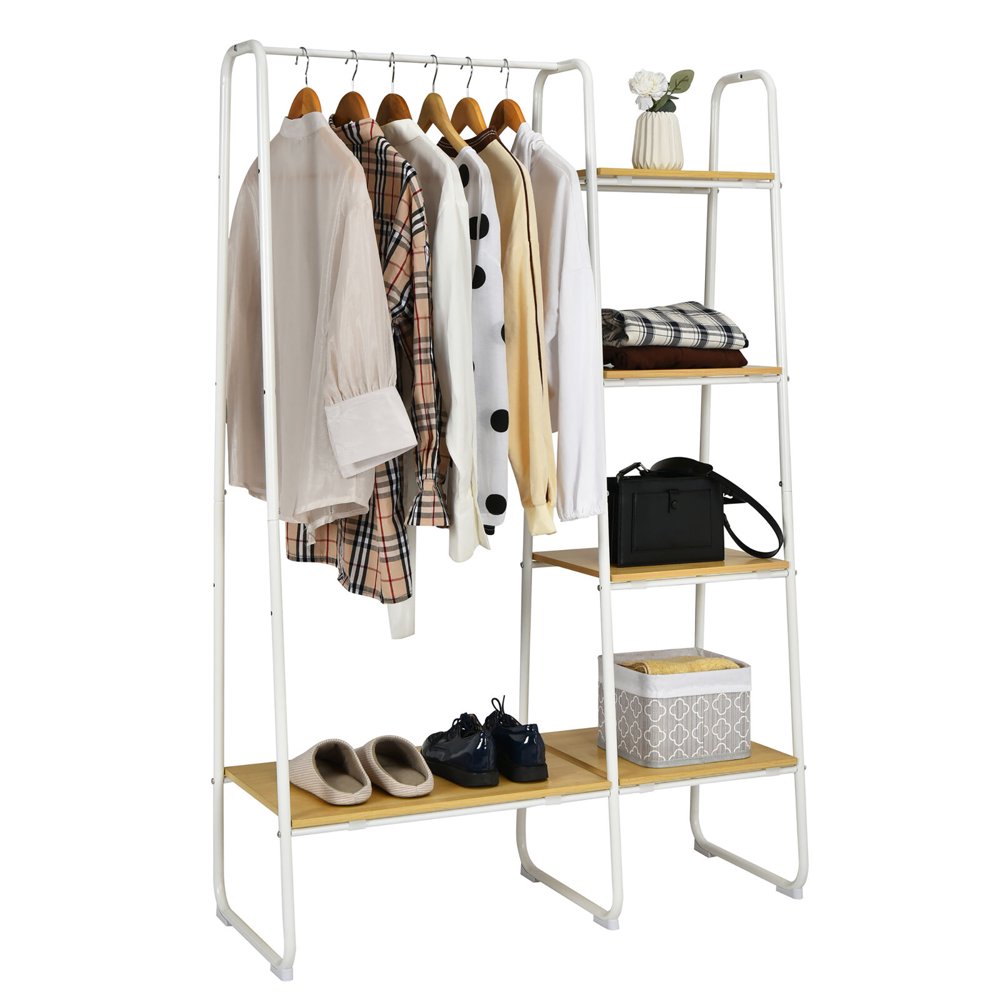 

Metal Garment Rack Free Standing Closet Organizer w 5 Shelves Hanging Bar