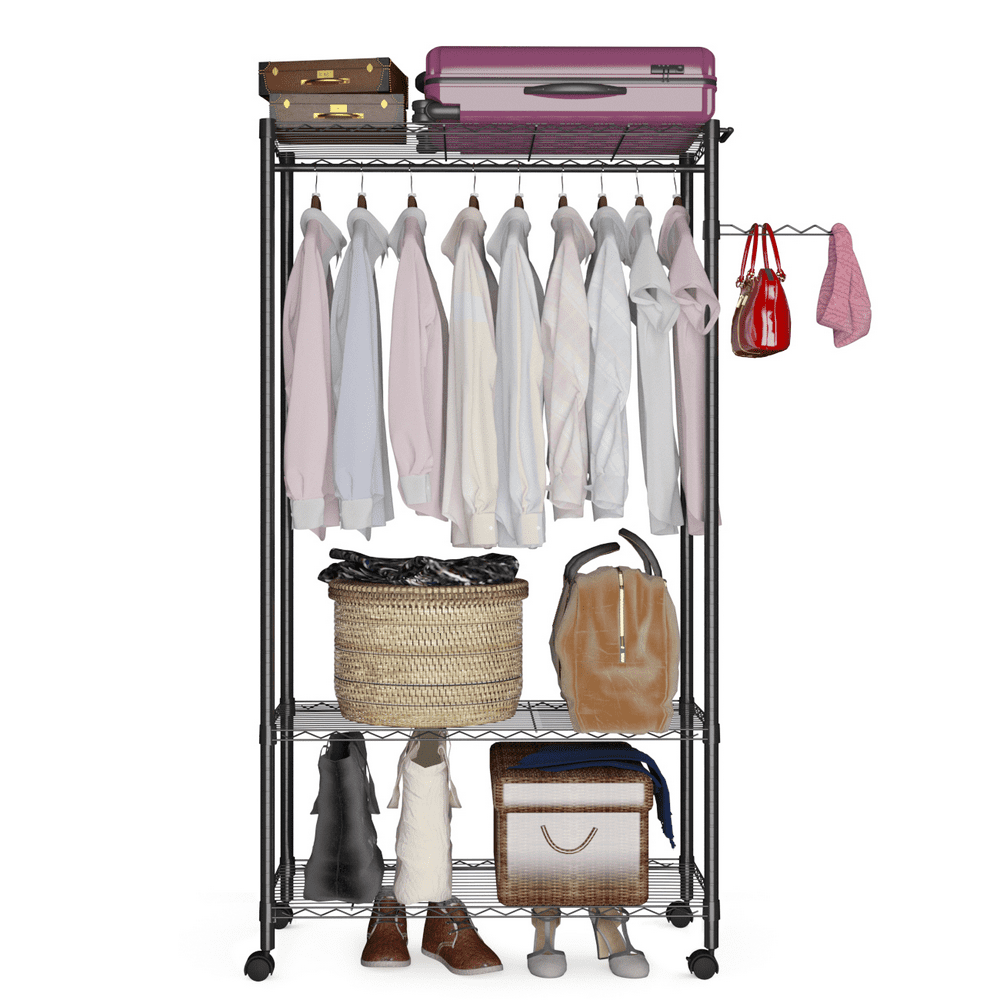 

Heavy Duty Rolling Garment Rack Portable Hanging Rod Clothing Rack with Adjustable Shelves Wheels, 3-Tier Closet Wardrobe Storage Organize