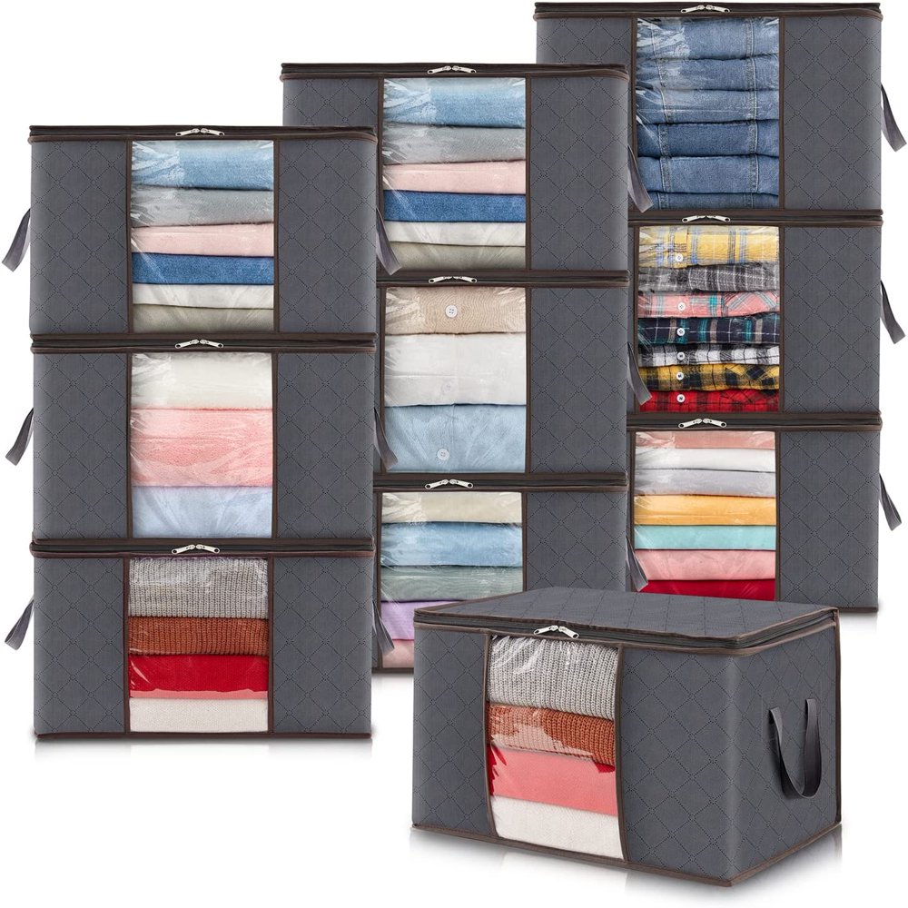 

10 Pack Storage Bags, 90L Large Storage Bins with Lids, Closet Organizers and Storage, Grey