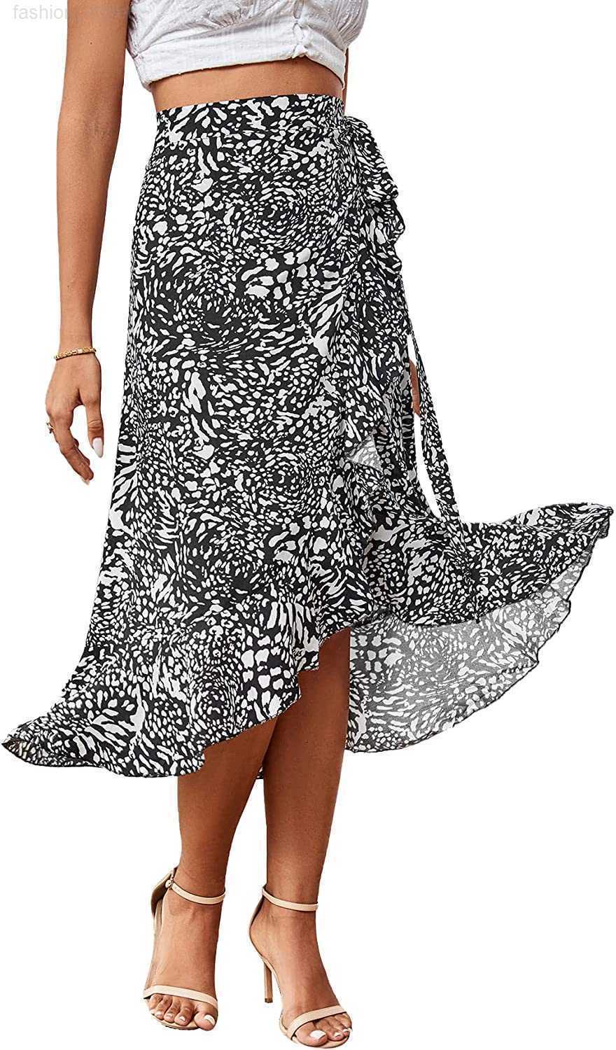 

LYANER Boho Floral Print Wrap Front Self Tie Knot Ruffle Hem Split Midi, Beige