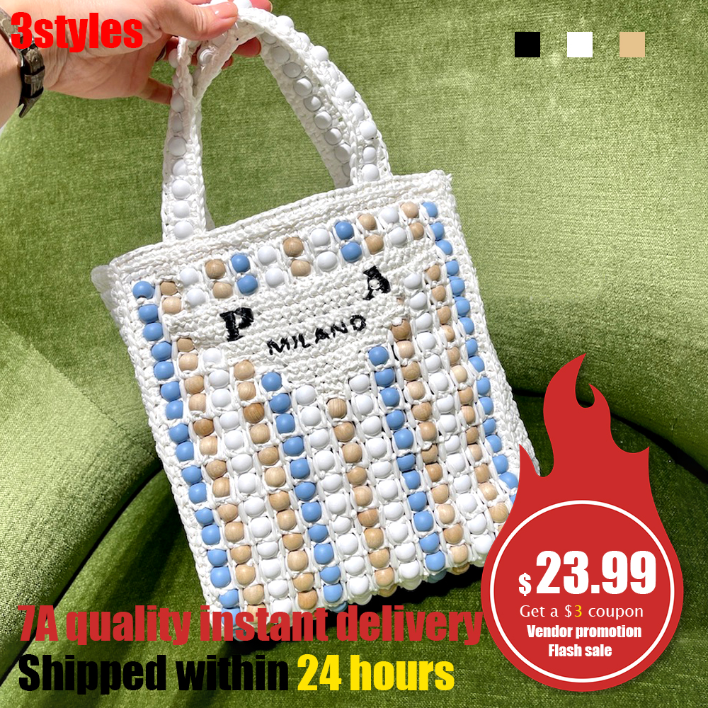 

prad Wood bead tote beach bag triangle pochette Designer Shoulder handbags Straw Raffias Bag duffle Crossbody Womens men clutch weave weekend purse travel bags lady, Black
