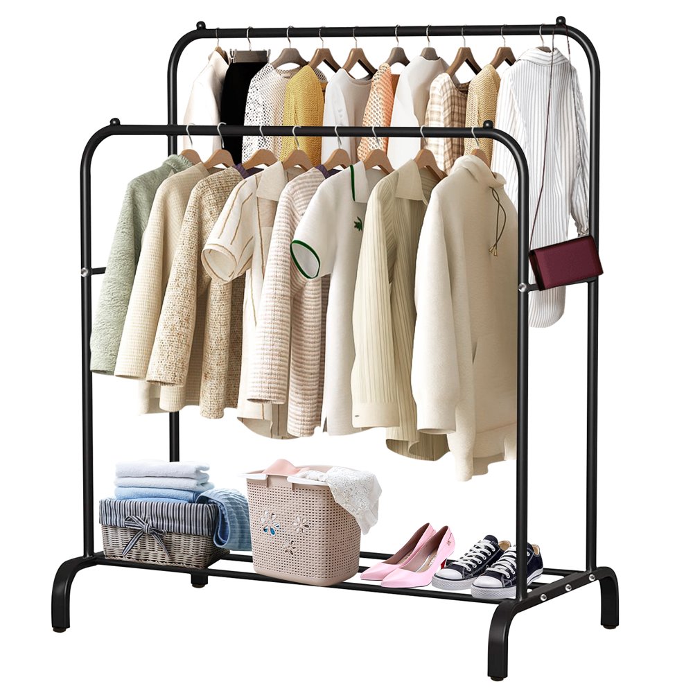 

Garment Rack Clothes Hanging Rack Heavy Duty Clothes Drying Rail Free Standing Metal Double Rod Clothing Rack Commercial Coat Rail with Shoe