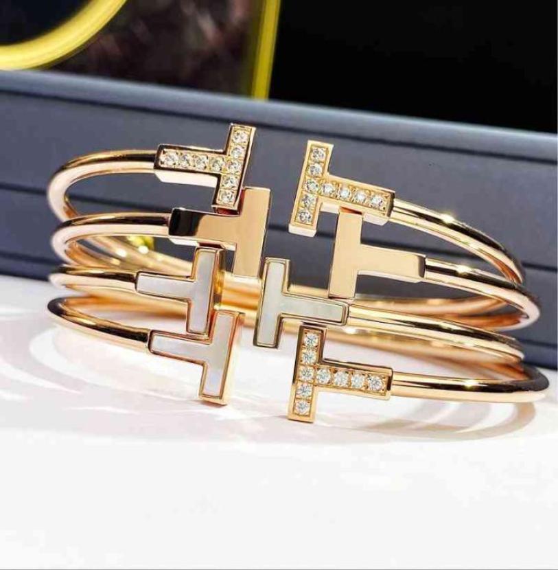 

Factory designer bangle T family double Bracelet 925 Sterling Silver Plated 18k rose gold white Fritillaria inlaid with diamond full opening Elastic6135858