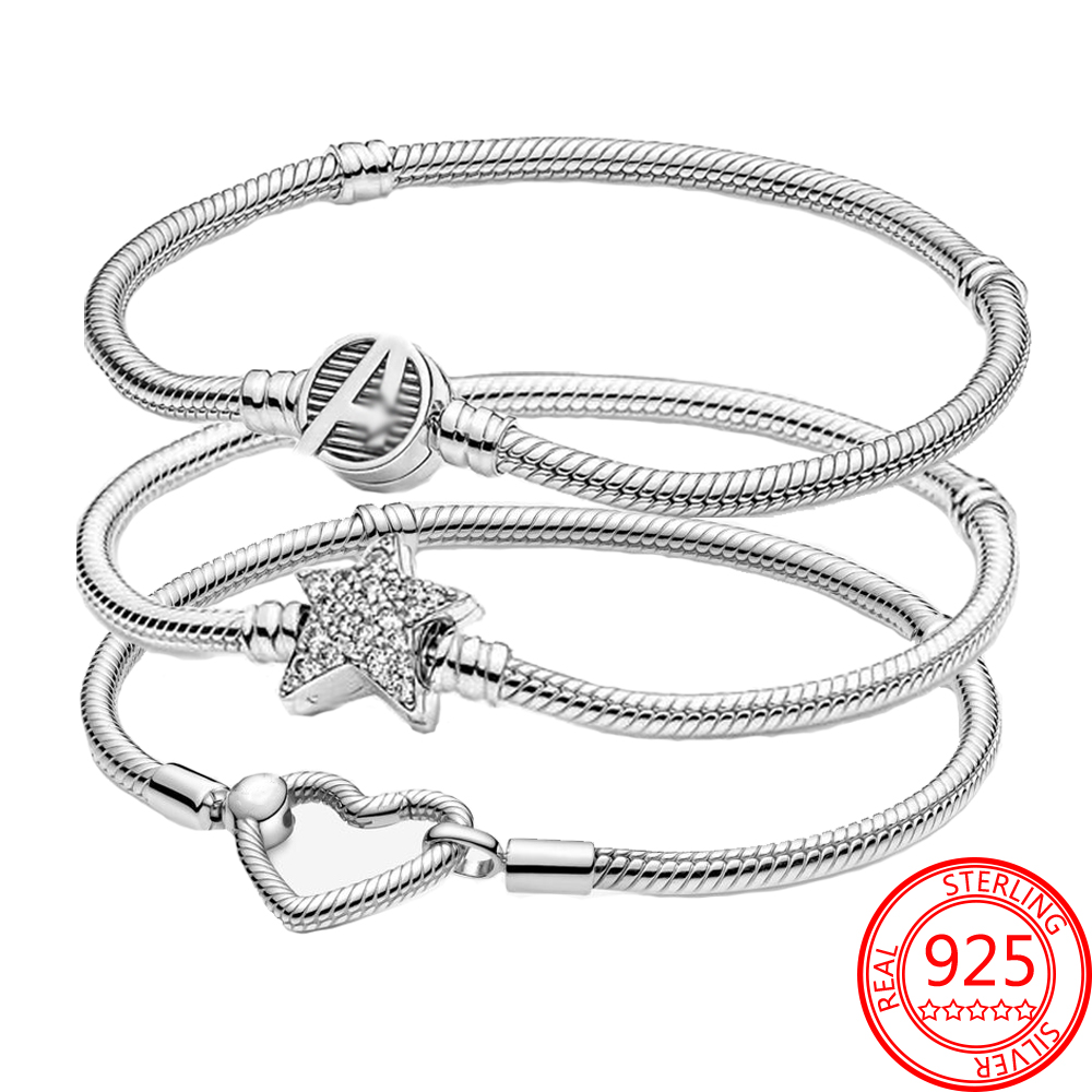 

925 Sterling Silver Pandora Bracelet Classic Love Logo Buckle Snake Chain Bracelet Women's Charming Bracelet Gift Jewelry
